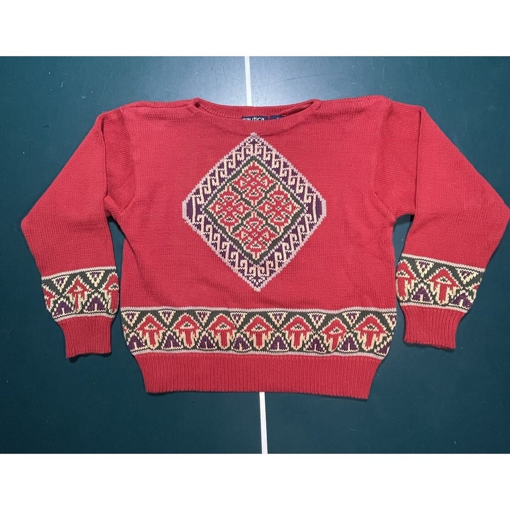 Vintage‎ 90s Nautica Sweater womens Small Tribal Pullover Knit Grandpa Sweater